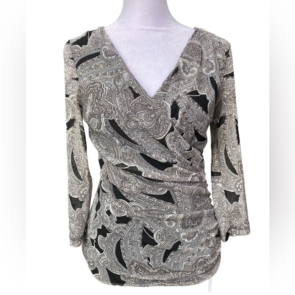 INC International Concepts Long Sleeve Blouse Black White Print Petite Small